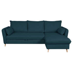 Canapé d’angle convertible réversible avec coffre 3-4 places en tissu bleu océan et bois clair DRISS