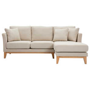 Canapé d’angle droit déhoussable 4 places en tissu beige et bois clair OSLO