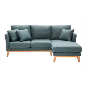 Canapé d’angle droit déhoussable scandinave 4 places en tissu vert de gris et bois clair OSLO
