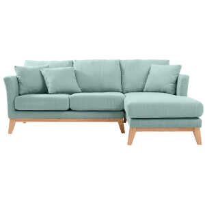Canapé d’angle droit déhoussable scandinave 4 places en tissu vert lagon et bois clair OSLO
