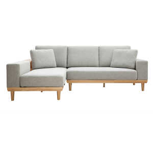 Canapé d’angle gauche 5 places avec rangements en tissu effet velours texturé gris clair et bois clair KOMAO