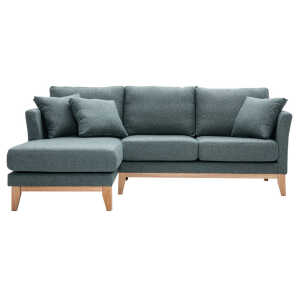 Canapé d’angle gauche déhoussable scandinave en tissu vert de gris et bois clair 3-4 places OSLO