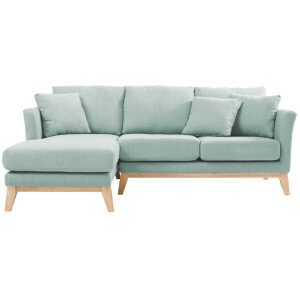 Canapé d’angle gauche déhoussable scandinave en tissu vert lagon et bois clair 3-4 places OSLO