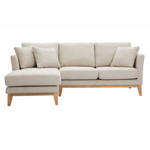 Canapé d’angle gauche scandinave en tissu beige déhoussable et bois clair 3-4 places OSLO
