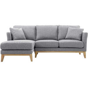 Canapé d’angle gauche scandinave en tissu gris clair déhoussable et bois clair 3-4 places OSLO