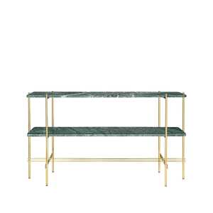 GUBI Table d’appoint TS Console 120x30x72 cm green guatemala marble, structure en laiton, 2 étagères en marbre