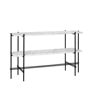 GUBI Table d’appoint TS Console 120x30x72 cm white carrara marble, structure noire, 2 étagères en marbre