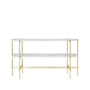 GUBI Table d’appoint TS Console 120x30x72 cm white carrara marble, structure en laiton, 2 étagères en marbre