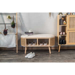 Banc avec rangement en rotin et velours beige