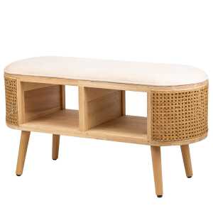 Banc avec rangement en rotin et velours beige