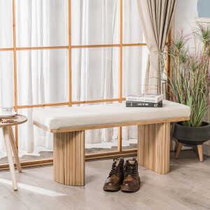 Banc en bois massif et velours beige