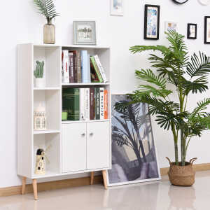 Bibliothèque scandinave 5 niches 2 portes pieds bois panneaux blanc