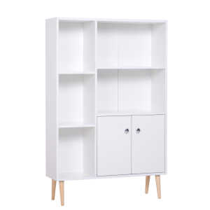 Bibliothèque scandinave 5 niches 2 portes pieds bois panneaux blanc