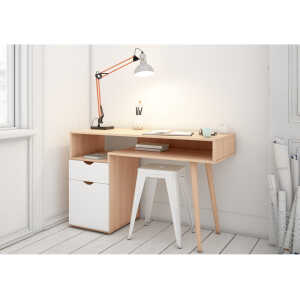 Bureau avec 1 porte et 1 tiroir en effet chêne et blanc