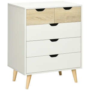 Commode design scandinave 5 tiroirs blanc aspect bois clair